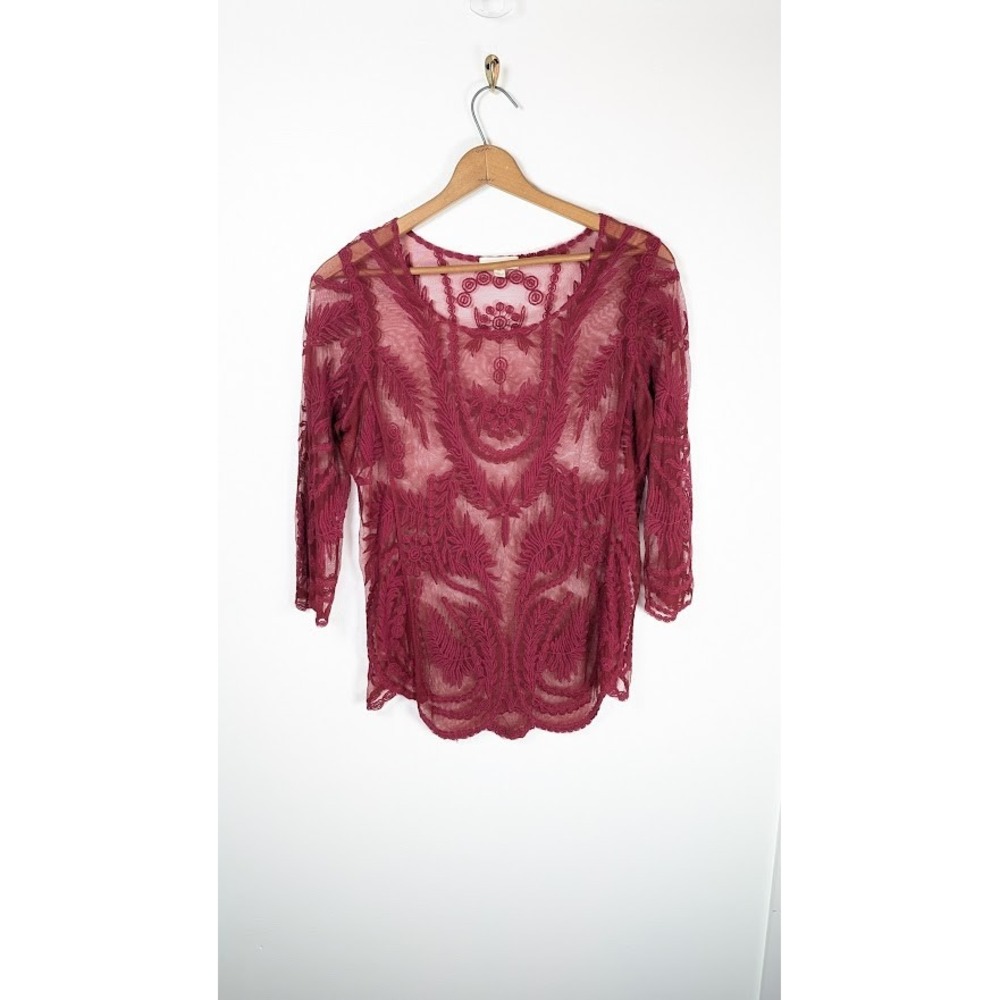 Whimsigoth Adiva Top Size XL 3/4 Sleeve Sheer Mesh Lace Embroidered Boho Fairy